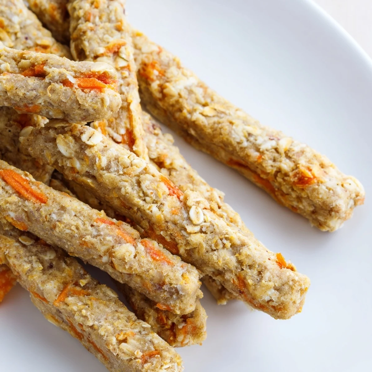 Golden baked apple and carrot dog chew sticks arranged on parchment paper for homemade treats