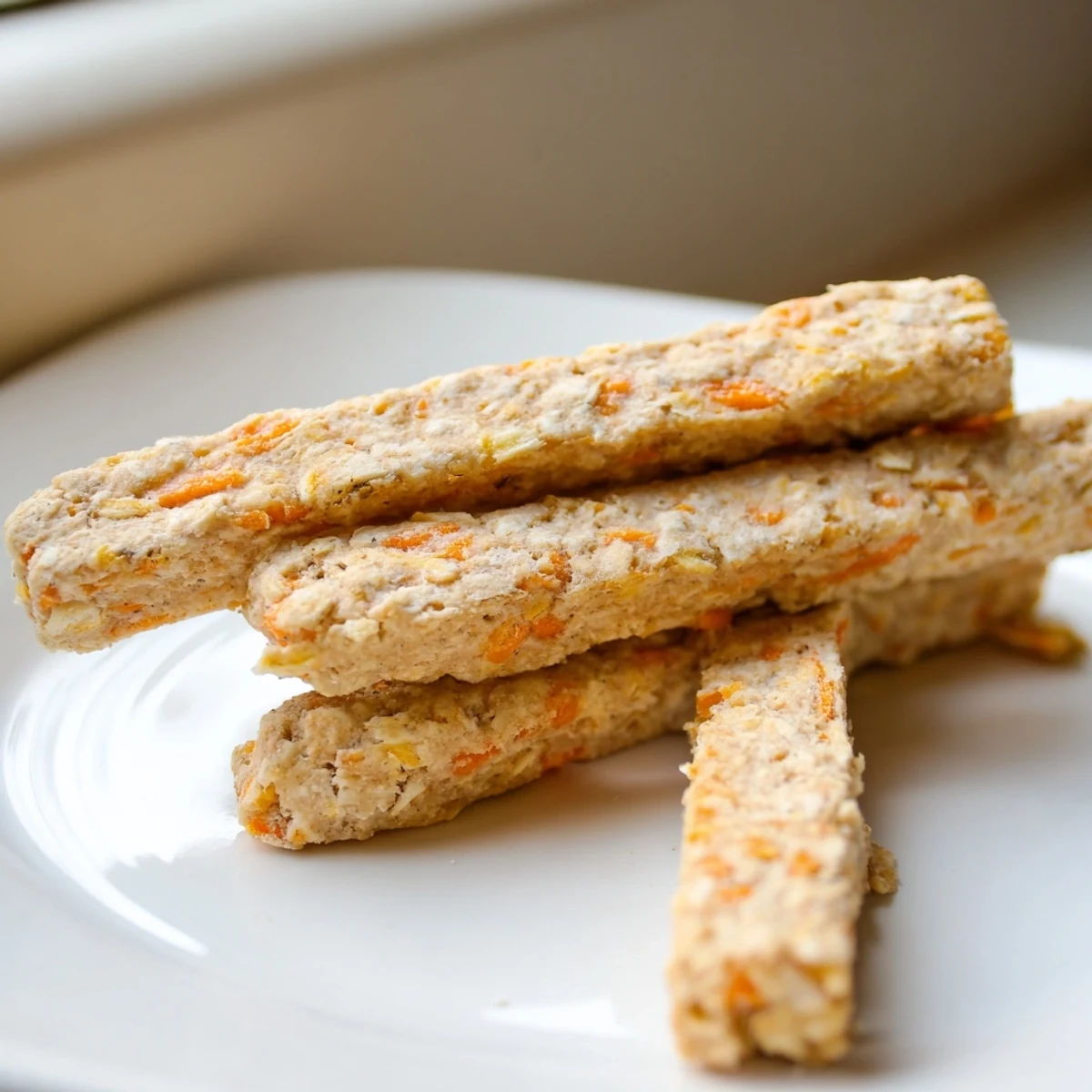 Crunchy apple and carrot dog chew sticks cooling on a baking sheet after oven baking