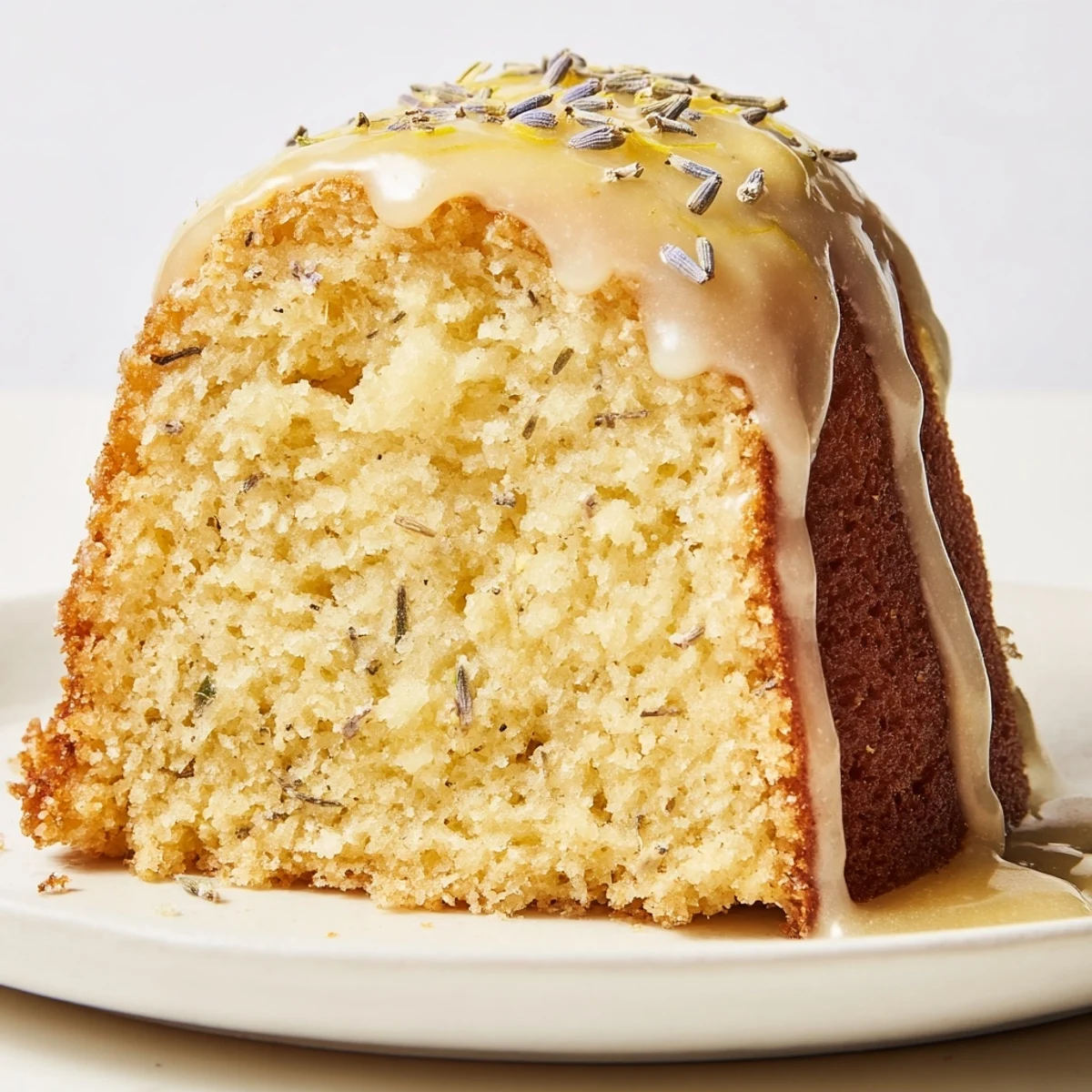 Soft lavender cake with lemon glaze drizzled over a tender crumb