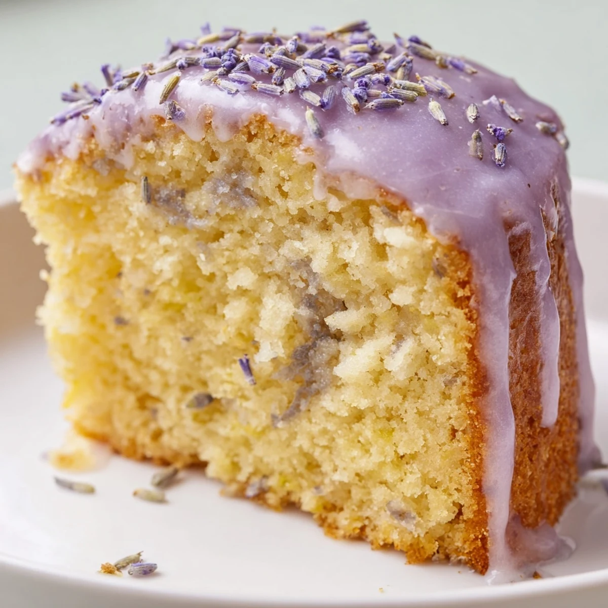 Fragrant lavender cake topped with sweet citrus icing on white plate