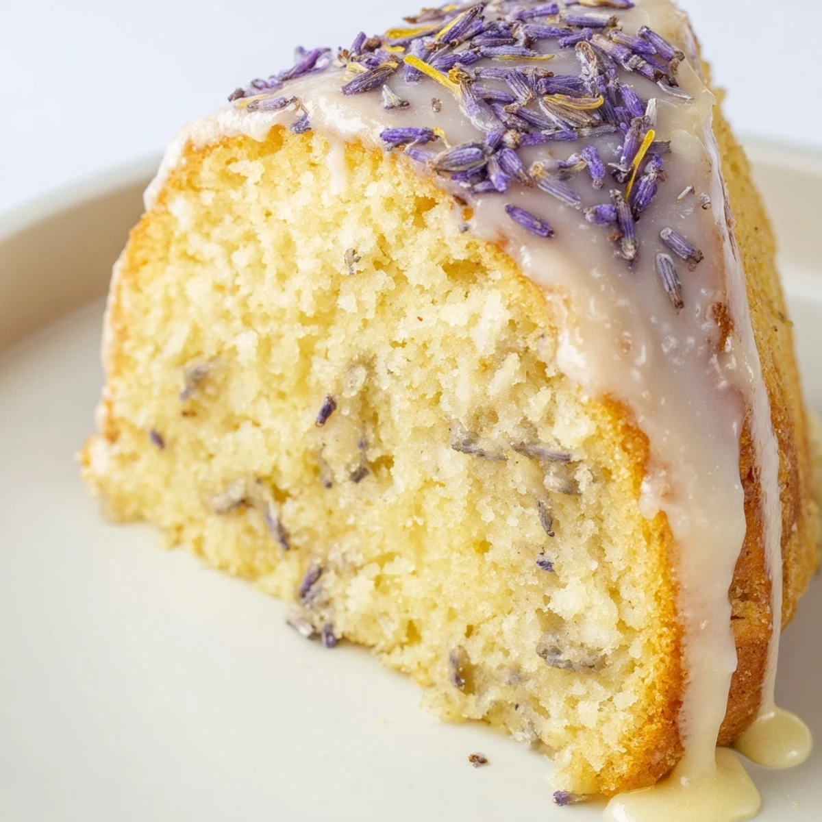 Elegant European lavender cake sliced to reveal moist fluffy interior