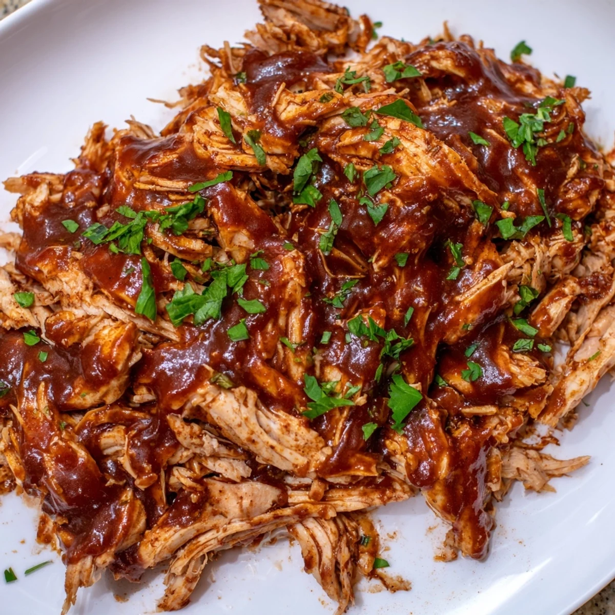 Tender Sweet Baby Ray's Crockpot Chicken glazed with rich, sticky barbecue sauce in a slow cooker