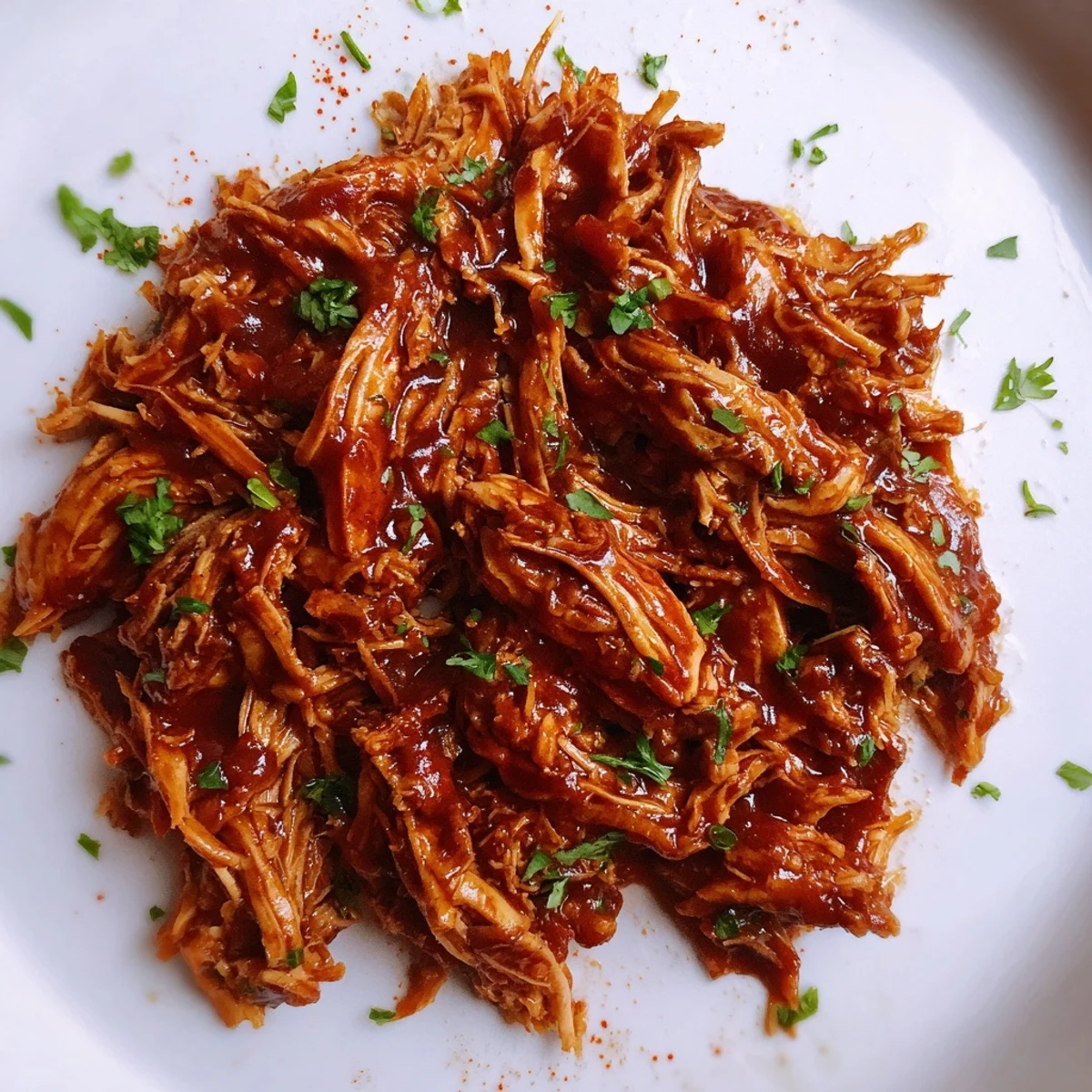 Savory Sweet Baby Ray's Crockpot Chicken garnished with fresh parsley on a white serving plate