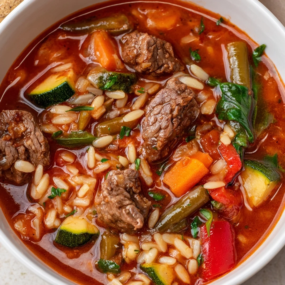 Hearty Beef and Orzo Soup featuring tender beef pieces and garden vegetables in savory broth