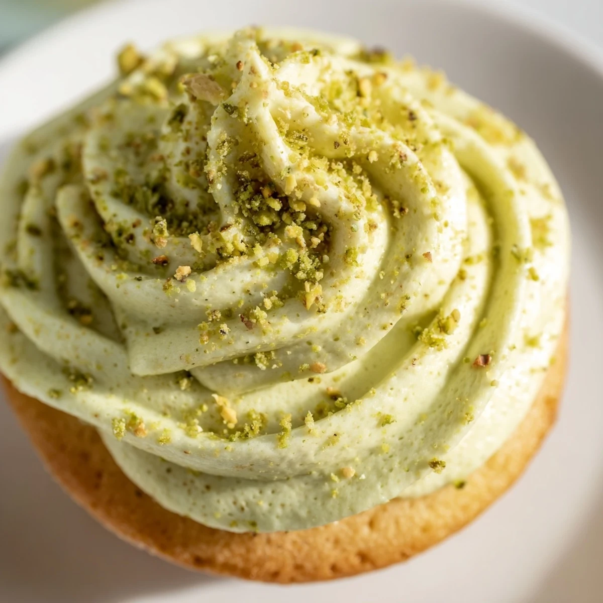 Green pistachio cupcakes topped with creamy buttercream frosting on a white serving plate