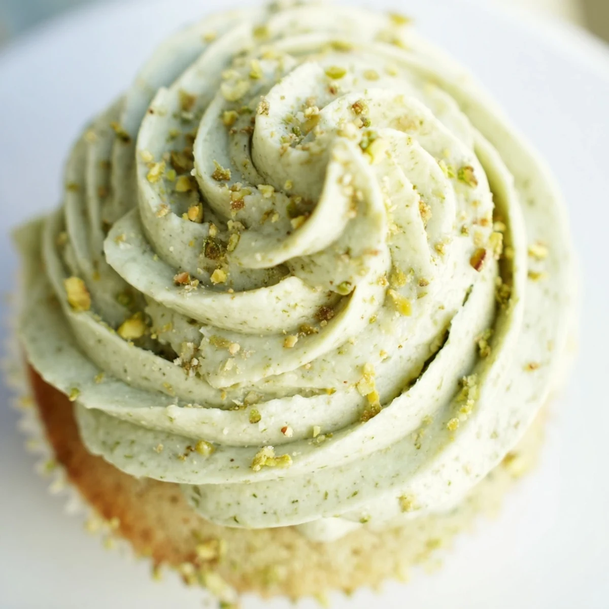 Moist pistachio cupcakes with swirled green buttercream and chopped nut garnish close-up