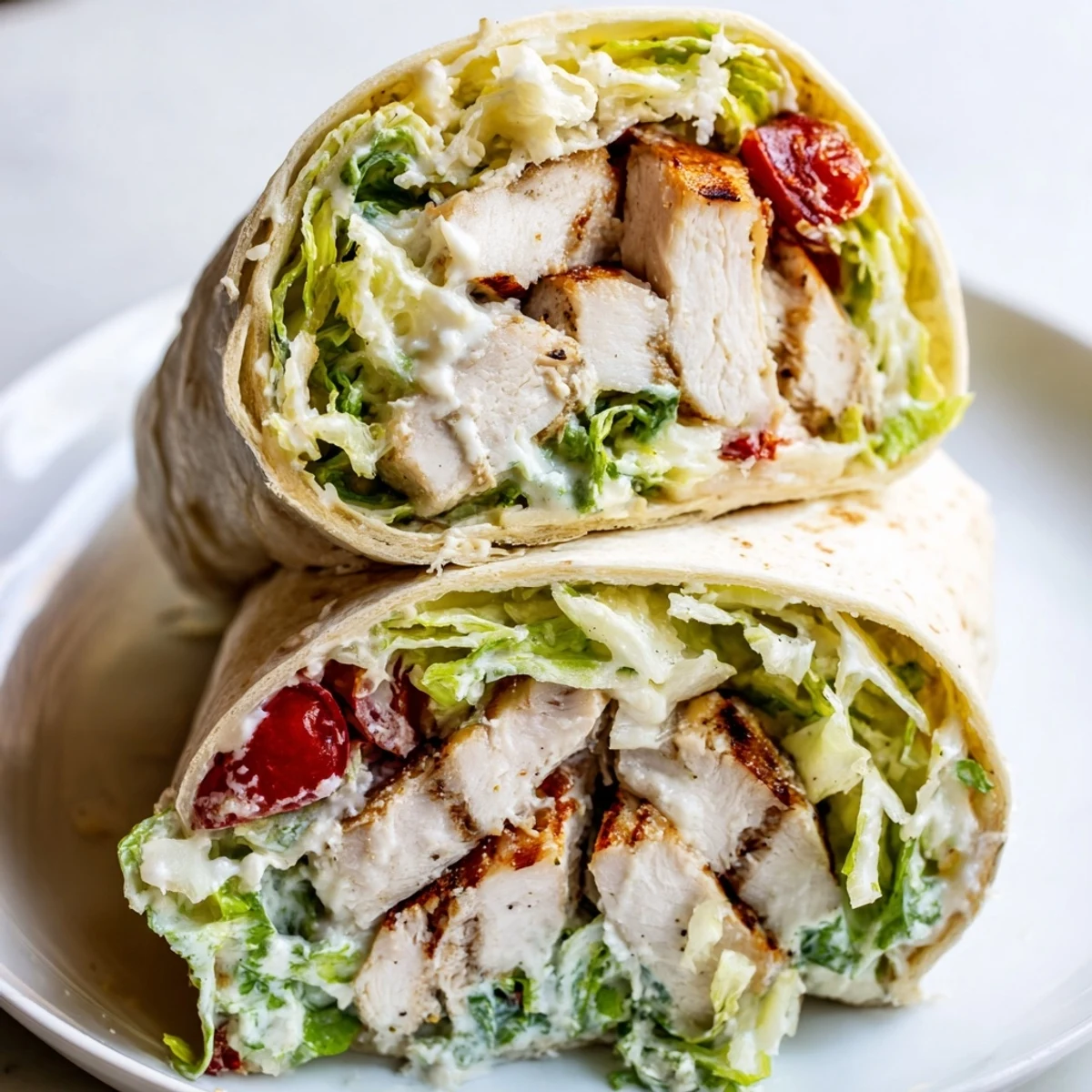 Golden grilled chicken Caesar wraps sliced open showing crisp romaine lettuce and creamy dressing inside