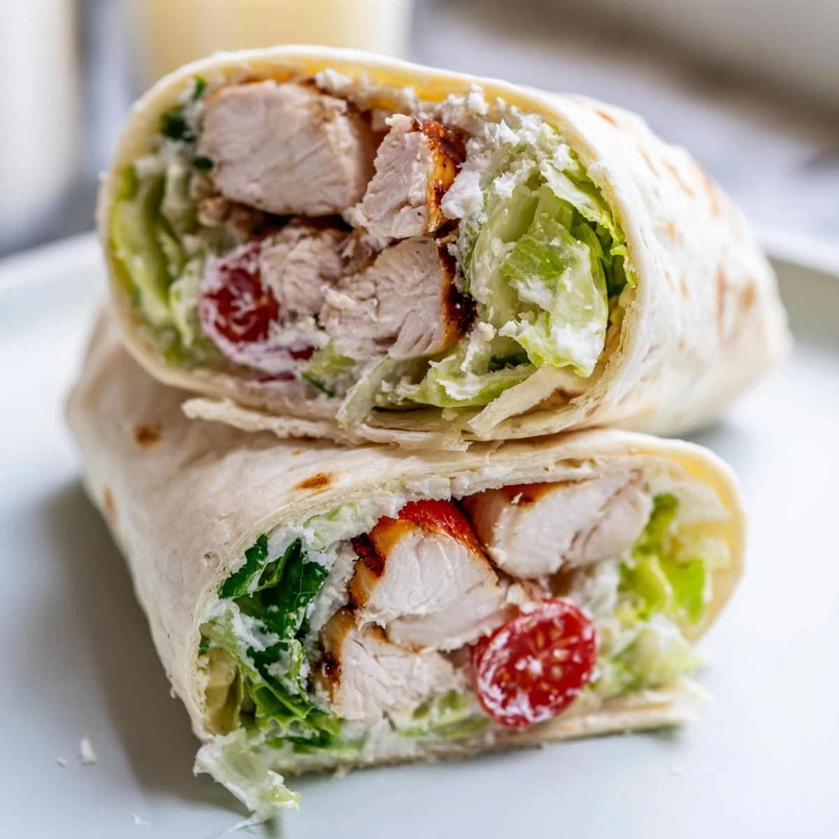 Soft flour tortilla wrapped around tender seasoned chicken fresh romaine and tangy Caesar dressing