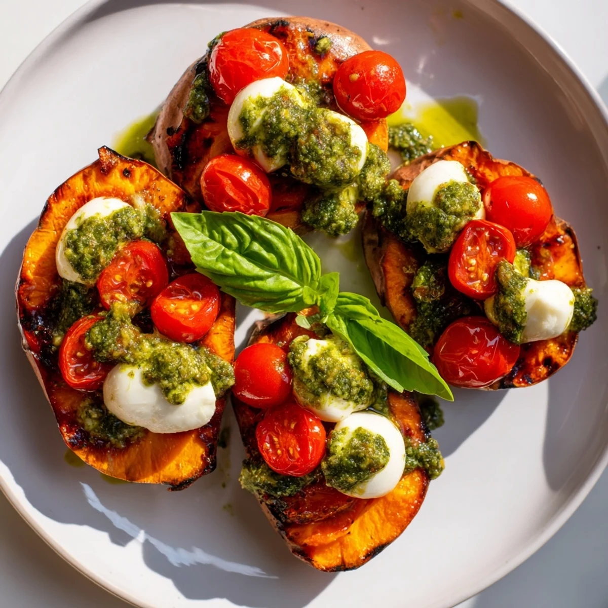 Golden roasted sweet potatoes topped with cherry tomatoes, mozzarella, and vibrant green pesto