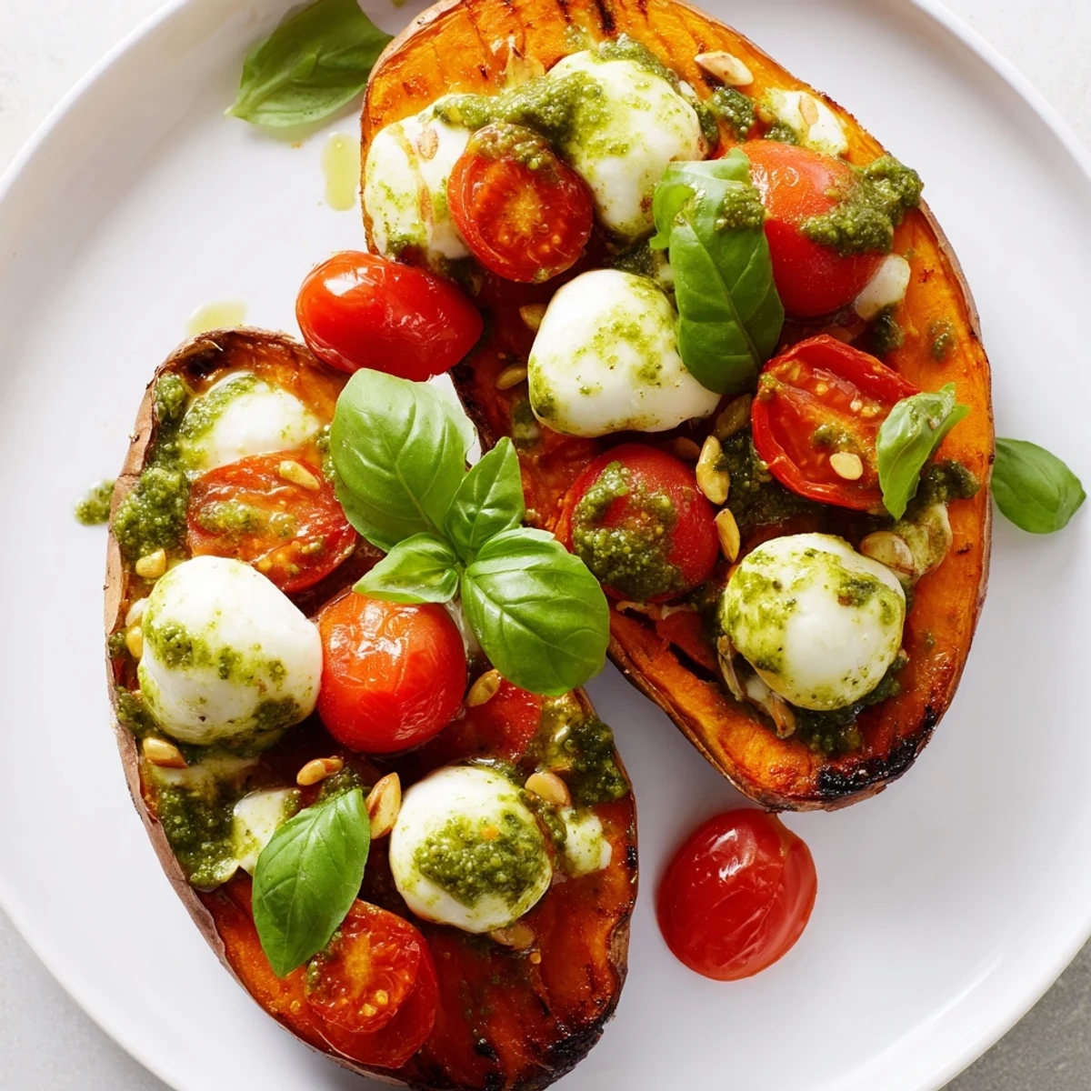 Summer sweet potatoes with tomatoes mozzarella pesto drizzled with fresh basil pesto on a white plate