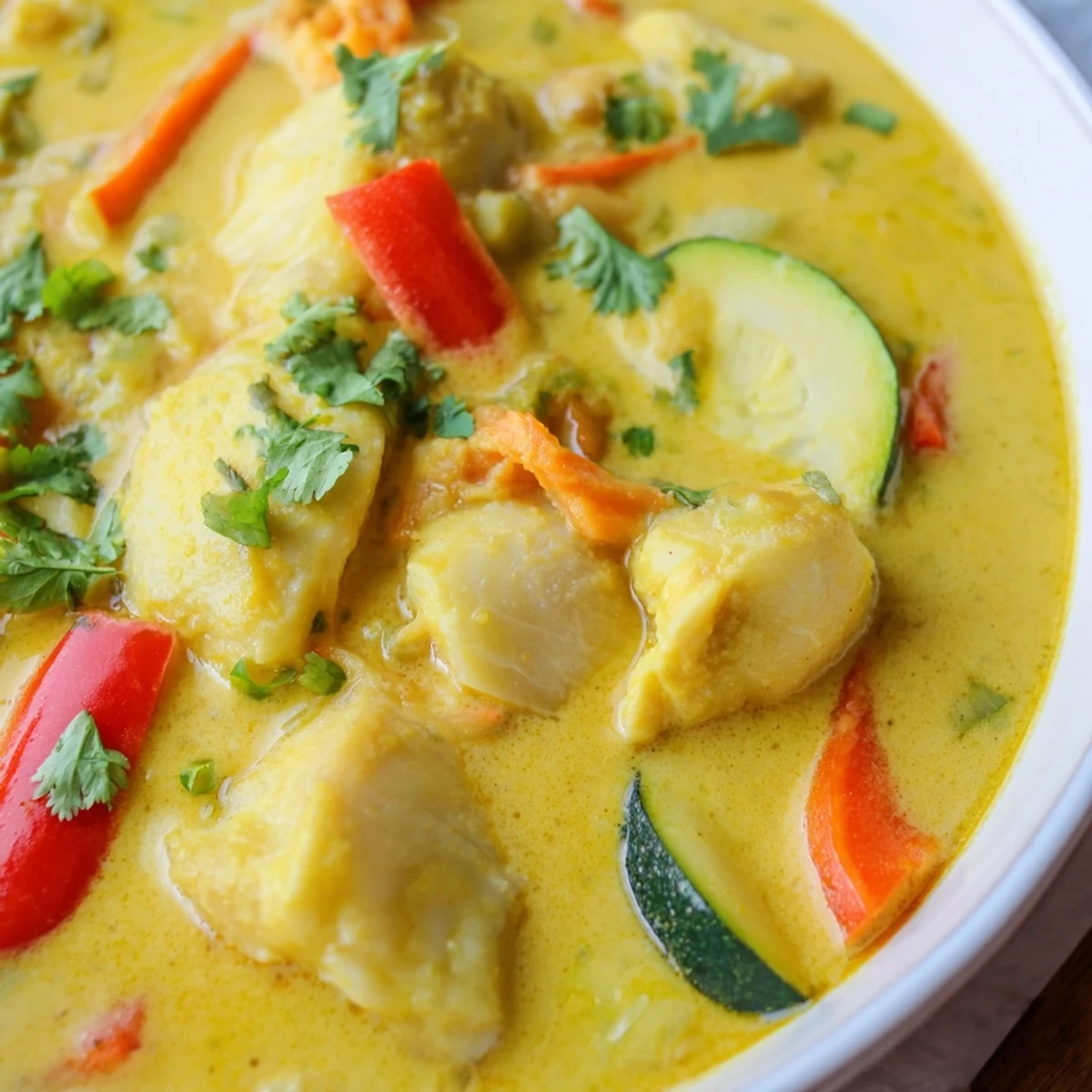 Creamy coconut white fish stew in a bowl with tender chunks and colorful vegetables