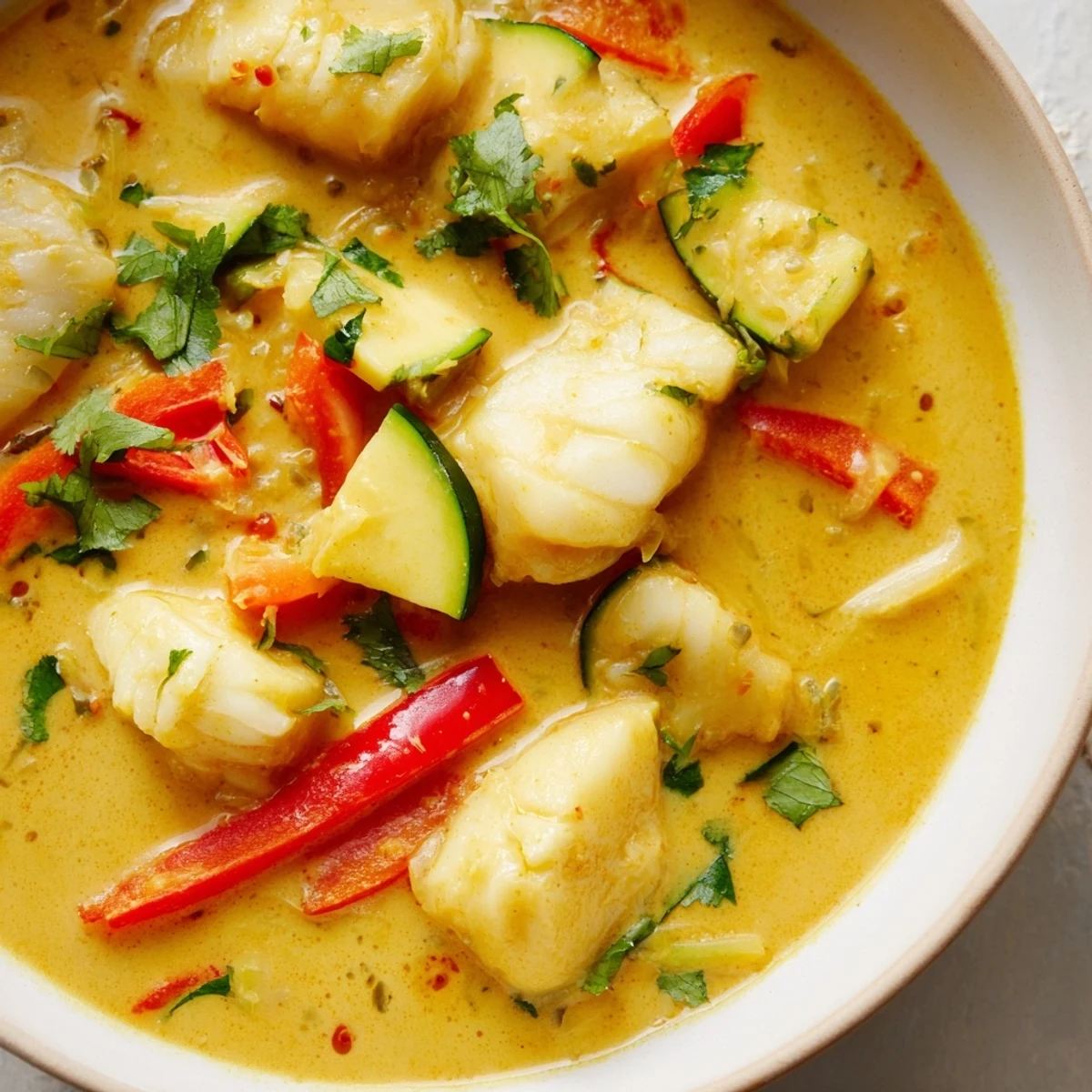 White fish stew simmered in golden coconut broth topped with fresh cilantro garnish