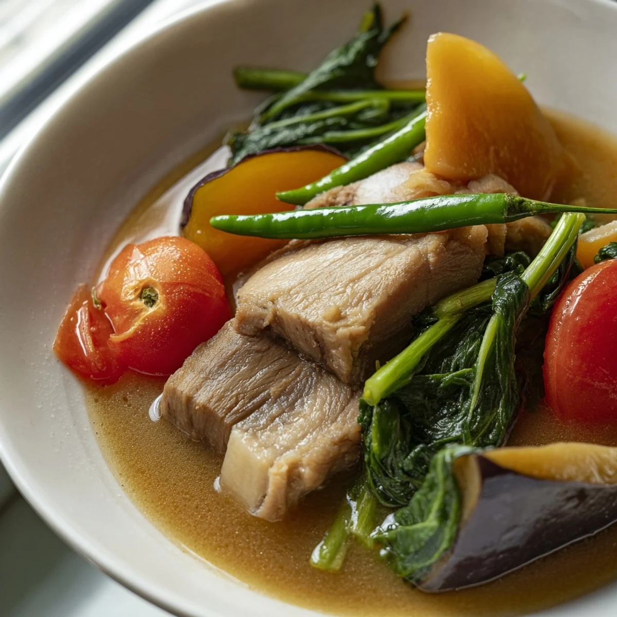 Steaming bowl of Filipino Sinigang with tender pork chunks and fresh green vegetables in tangy tamarind broth