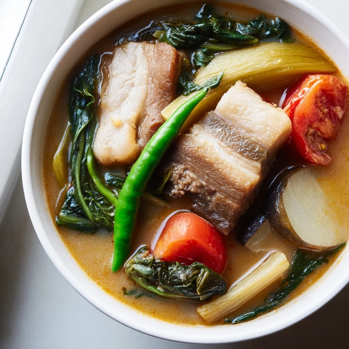 Classic Filipino Sinigang soup featuring vibrant spinach, radish, and eggplant swimming in a savory sour broth