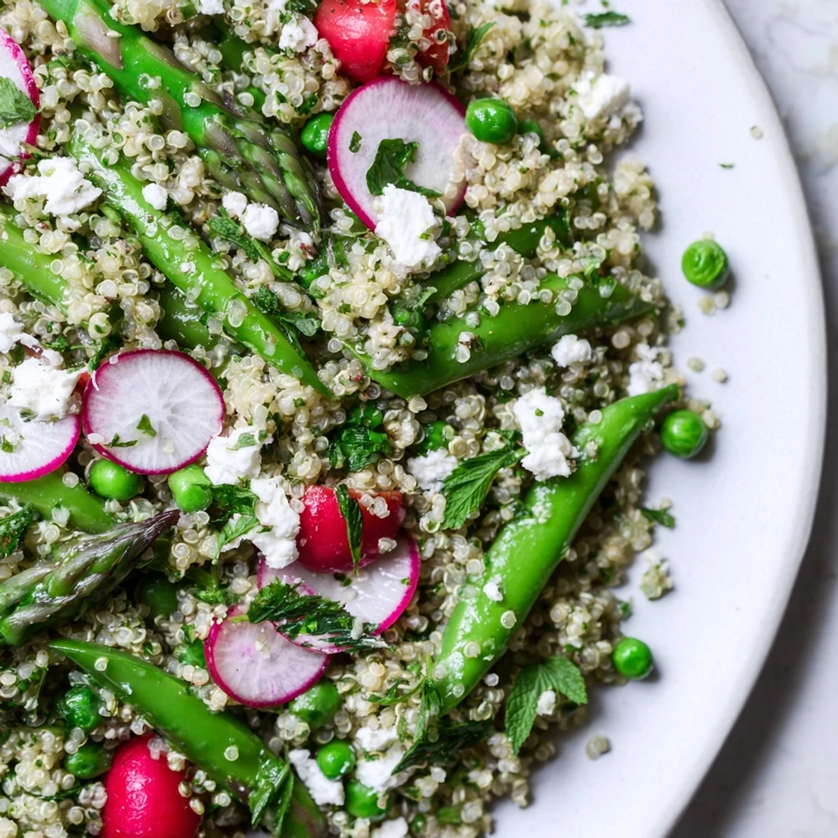 Colorful spring vegetable quinoa salad topped with crisp radishes, snap peas, and feta