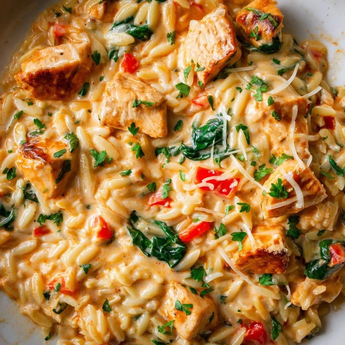 Creamy Cajun chicken Alfredo orzo in a rustic skillet topped with fresh parsley