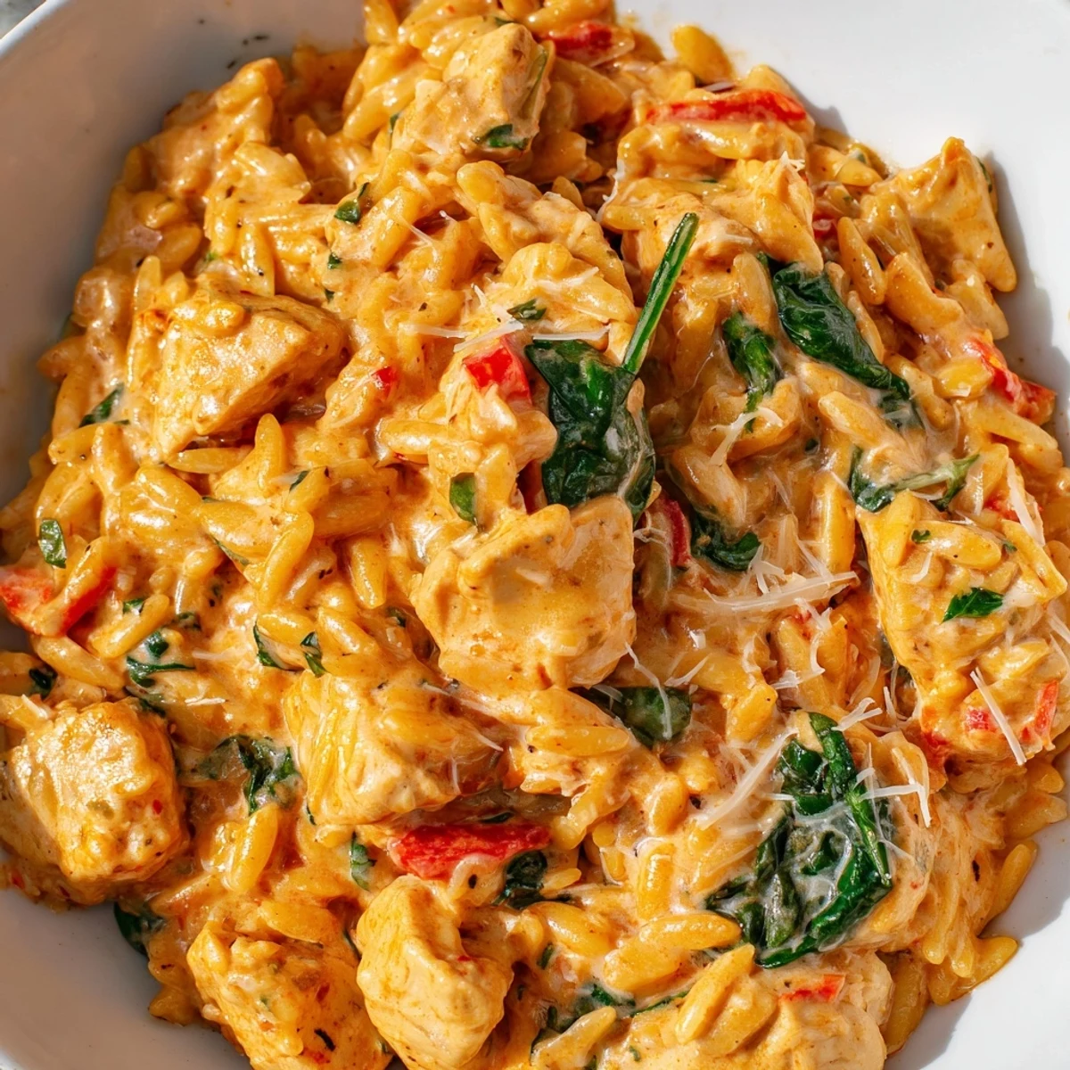 One pot Cajun chicken Alfredo orzo with tender meat in rich, creamy sauce
