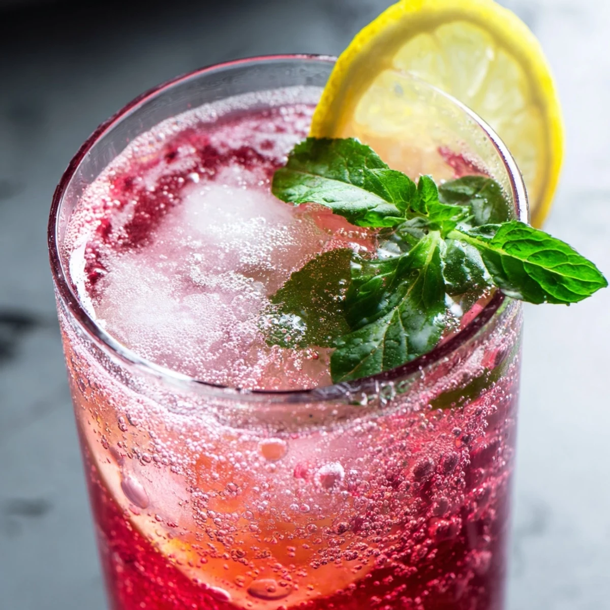 Refreshing Honey Lemon Pink Soda served over ice with fresh mint and lemon slices