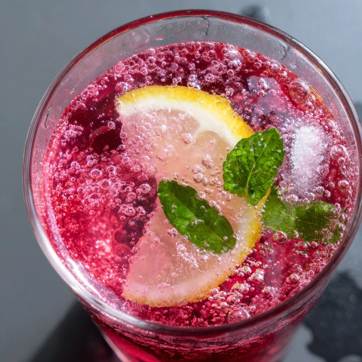 Homemade Honey Lemon Pink Soda garnished with mint leaves for a sunny summer afternoon