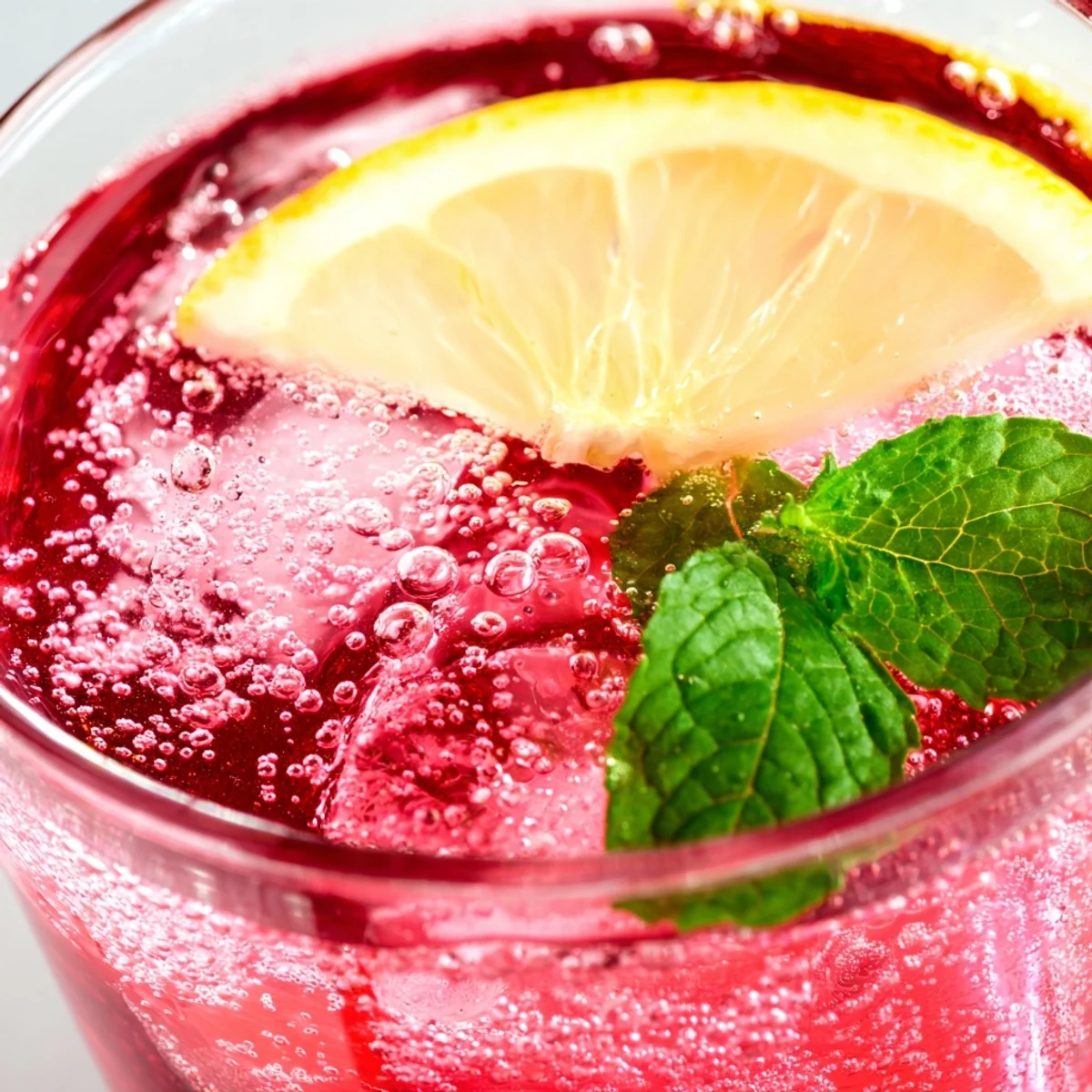 Sparkling Honey Lemon Pink Soda in a tall glass with cranberry pink hue