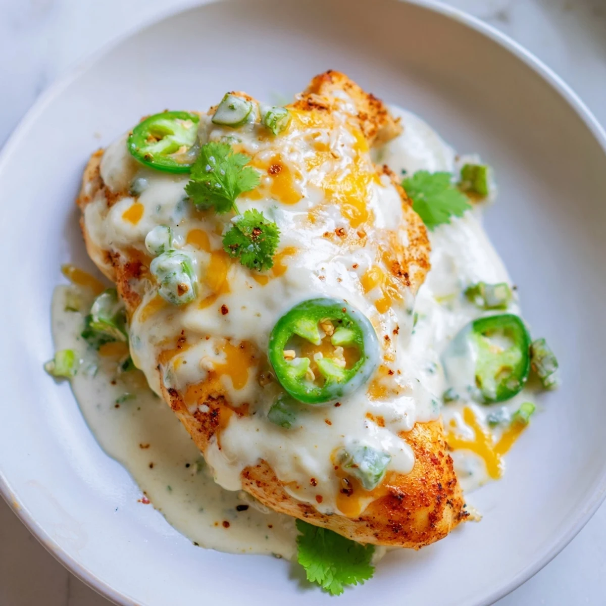 Creamy jalapeno chicken in golden sauce topped with fresh cilantro and sliced peppers