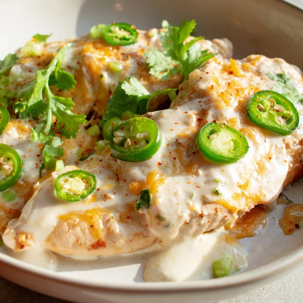 Spicy jalapeno chicken breasts smothered in melted cheese sauce on white plate