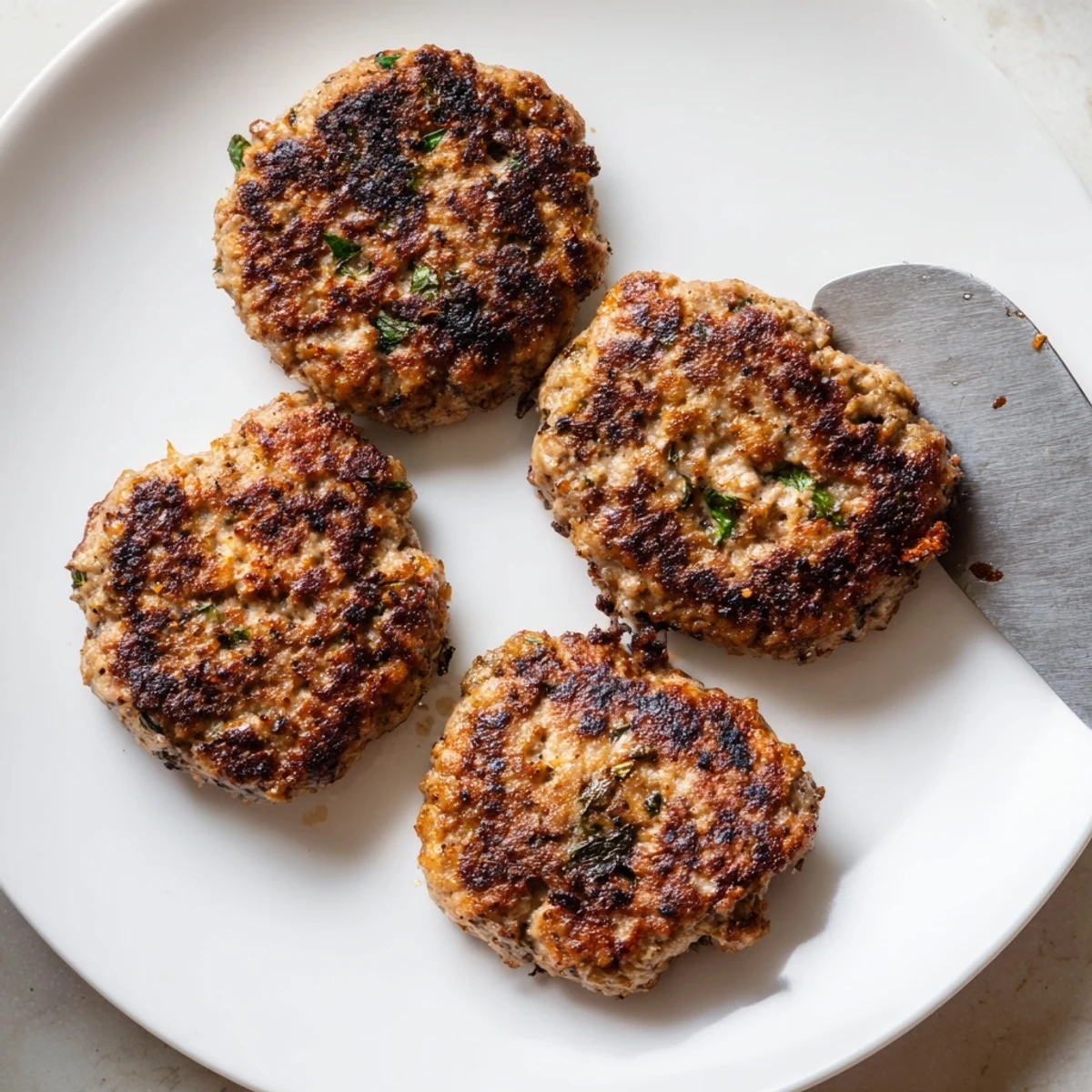 Golden brown ground turkey sausage patties sizzling in a cast iron skillet