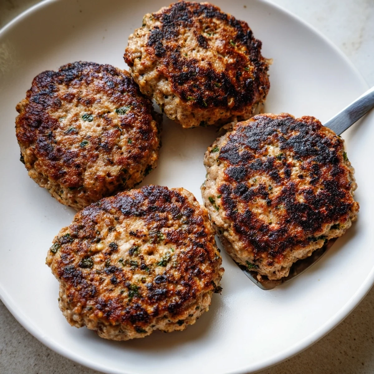 Homemade ground turkey sausage seasoned with sage and paprika on a breakfast plate