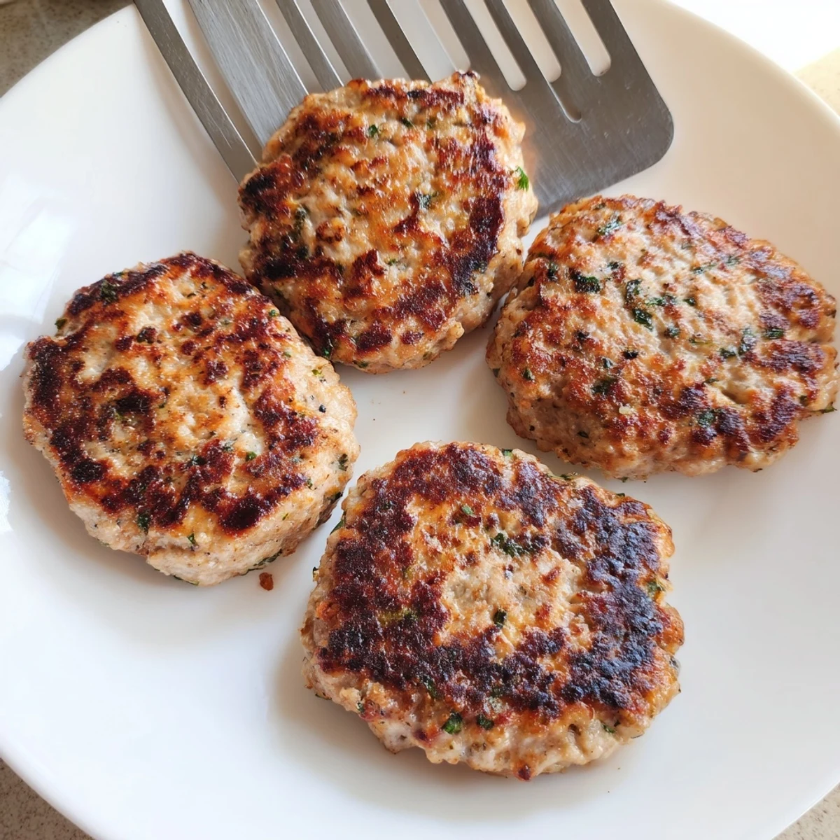 Juicy ground turkey sausage crumbled over scrambled eggs in a rustic white bowl
