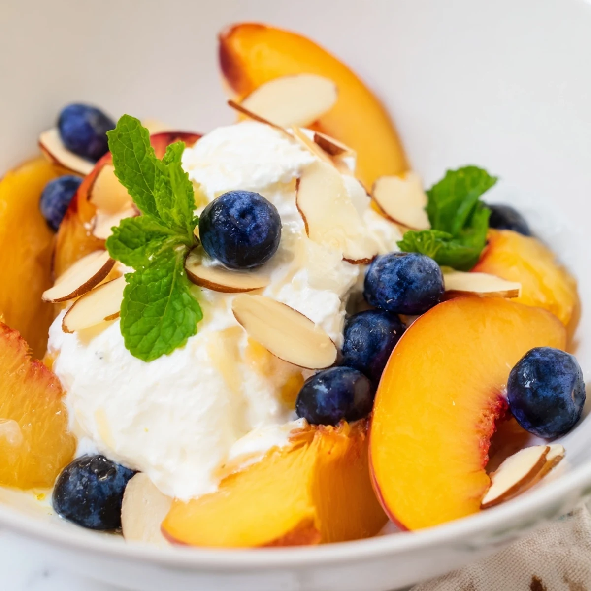 Juicy ripe peach slices layered with fluffy vanilla whipped cream in glasses