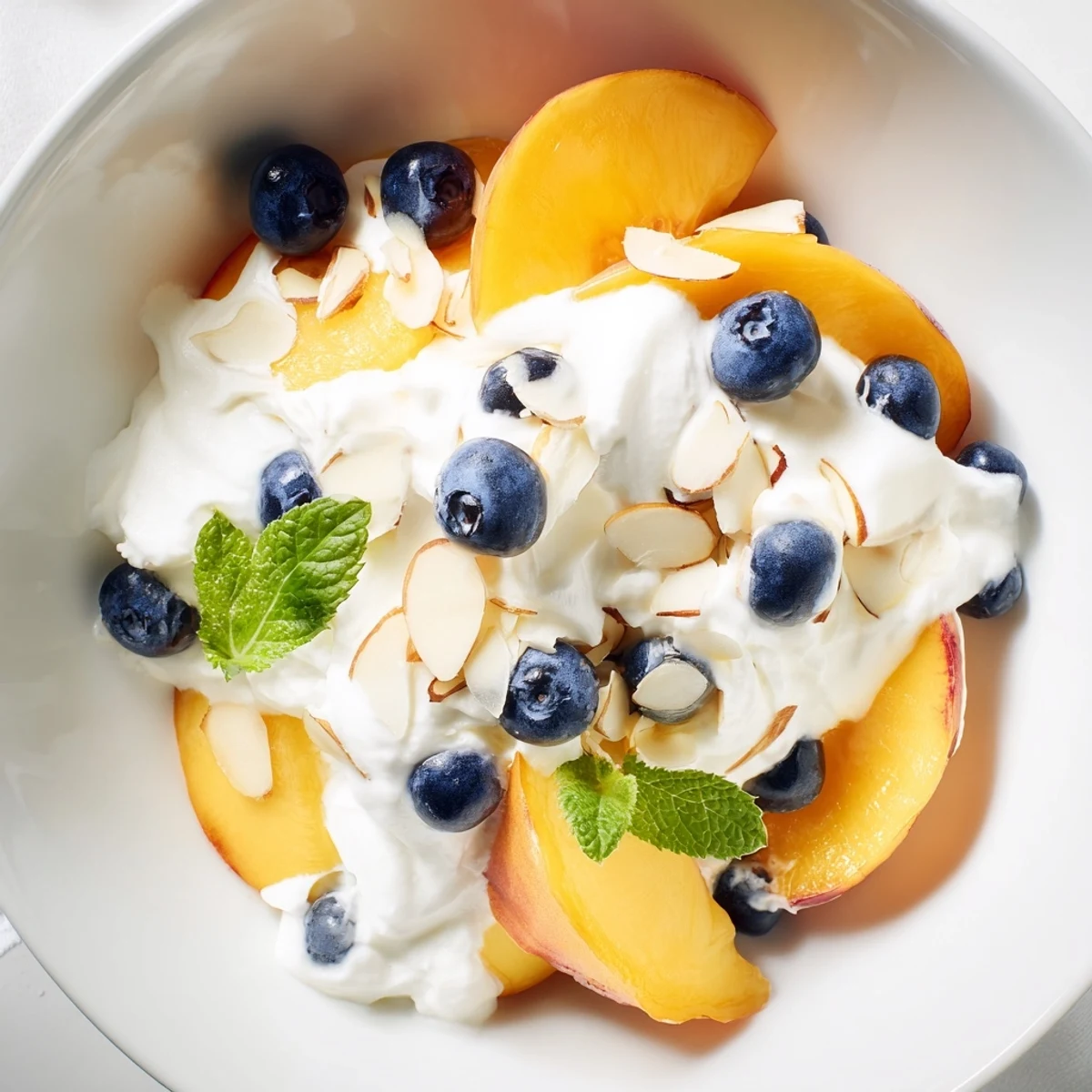 Creamy peaches and cream salad topped with fresh mint and sliced almonds