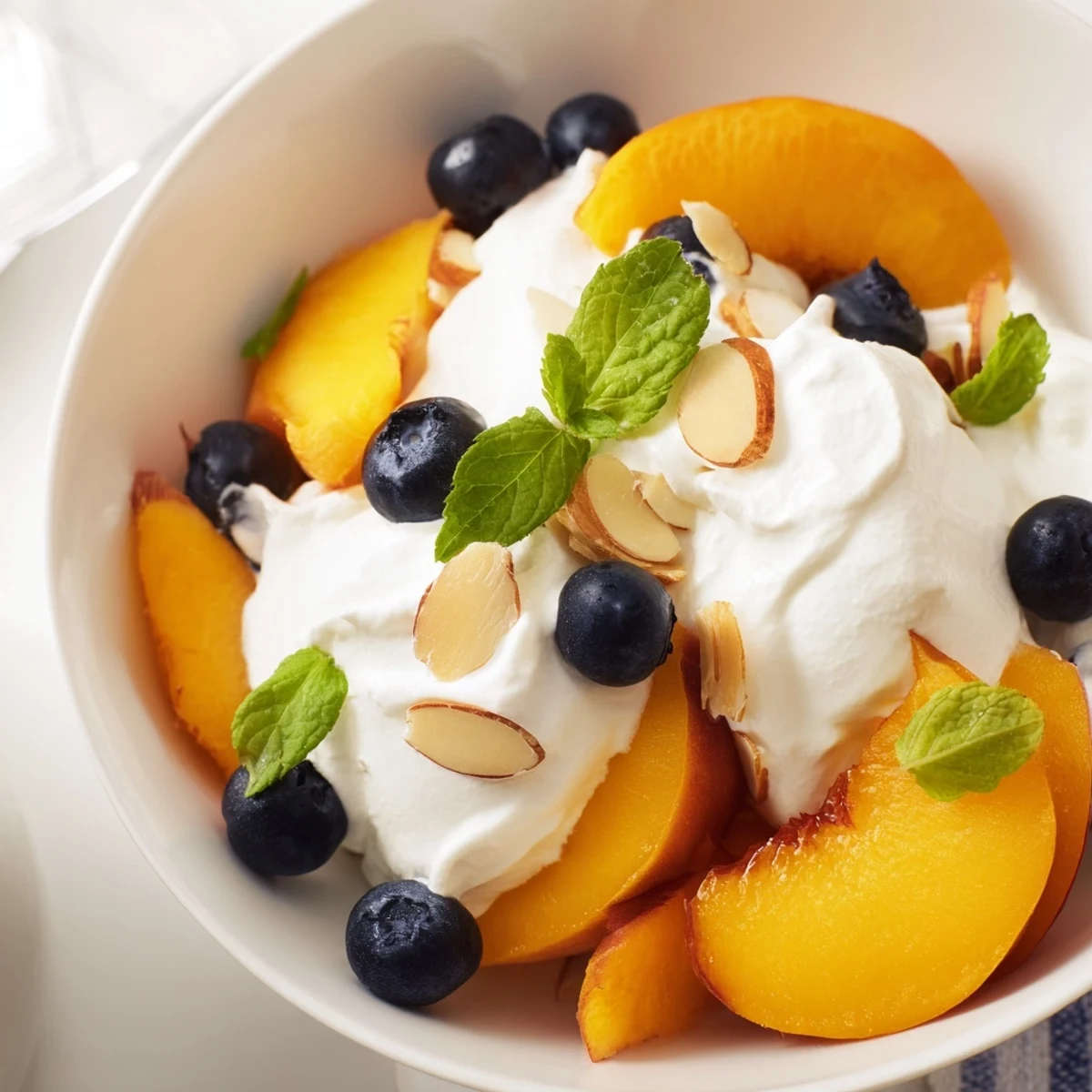 Chilled peaches and cream salad garnished with blueberries and bright mint leaves