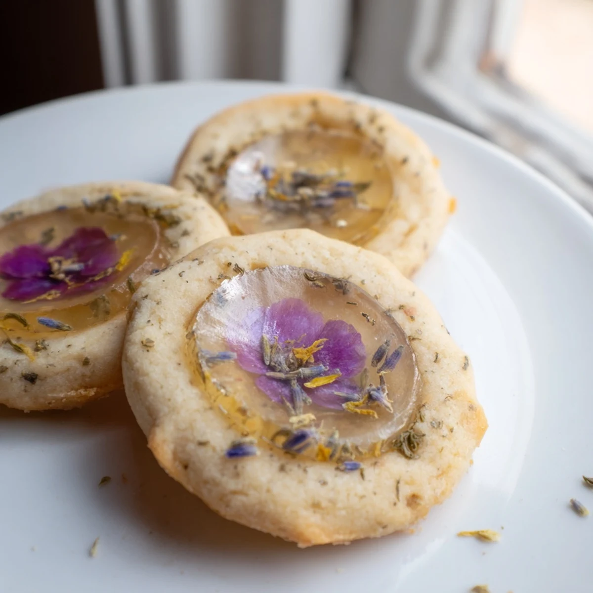 Earl Grey Stained Glass Floral Cookies display colorful candy centers and pressed edible flowers on rustic parchment.