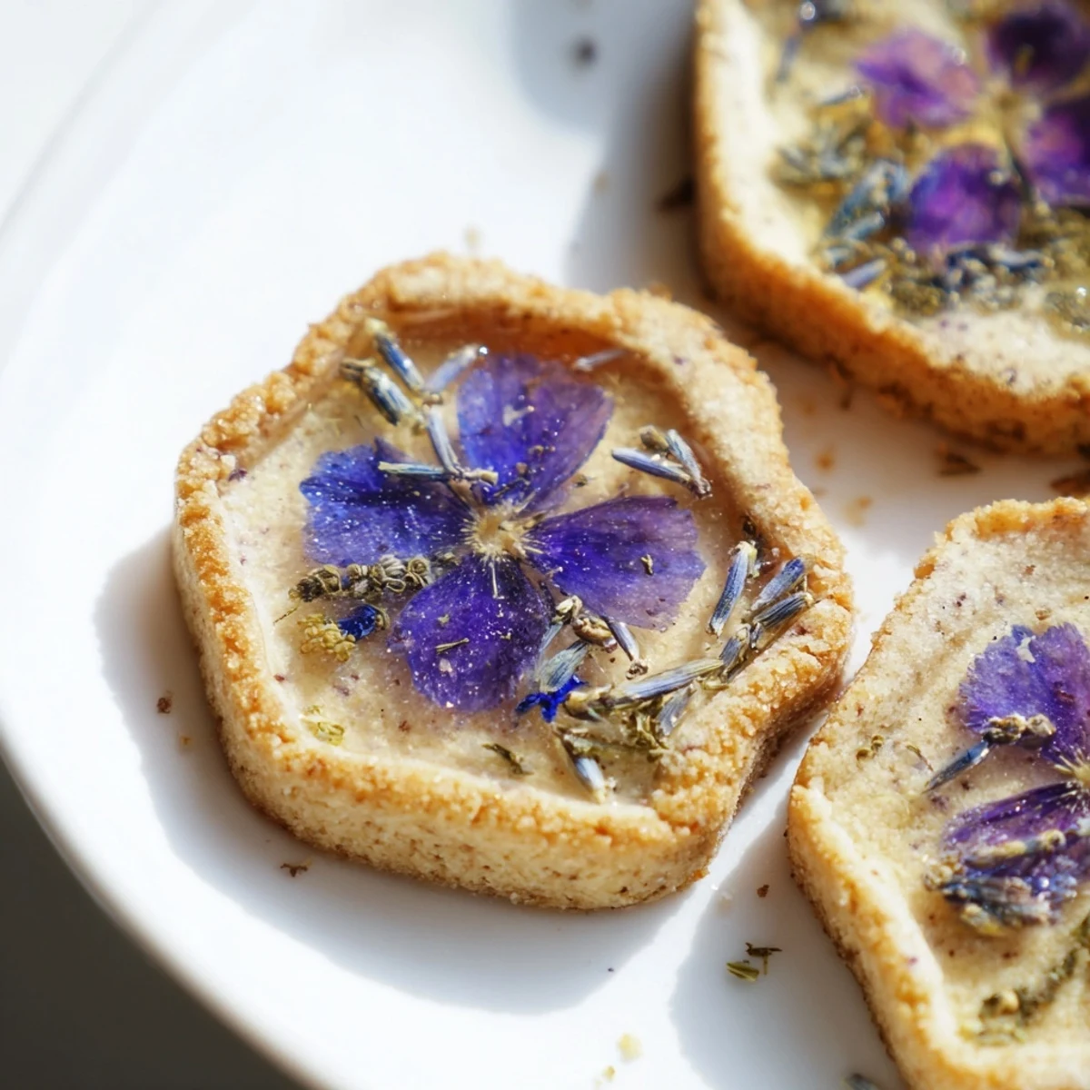 Golden vegan Earl Grey Stained Glass Floral Cookies arranged on a white ceramic serving plate.