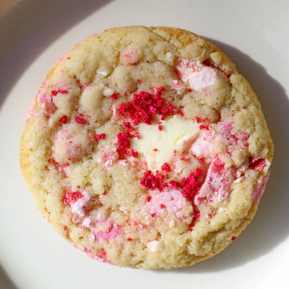 Soft strawberry cheesecake cookies with golden edges and creamy centers on a rustic baking sheet