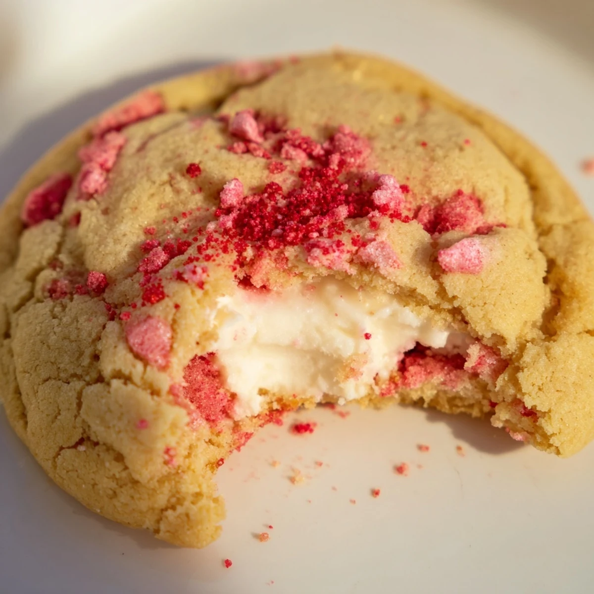 Chewy strawberry cheesecake cookies topped with crushed freeze-dried berries for a colorful dessert presentation