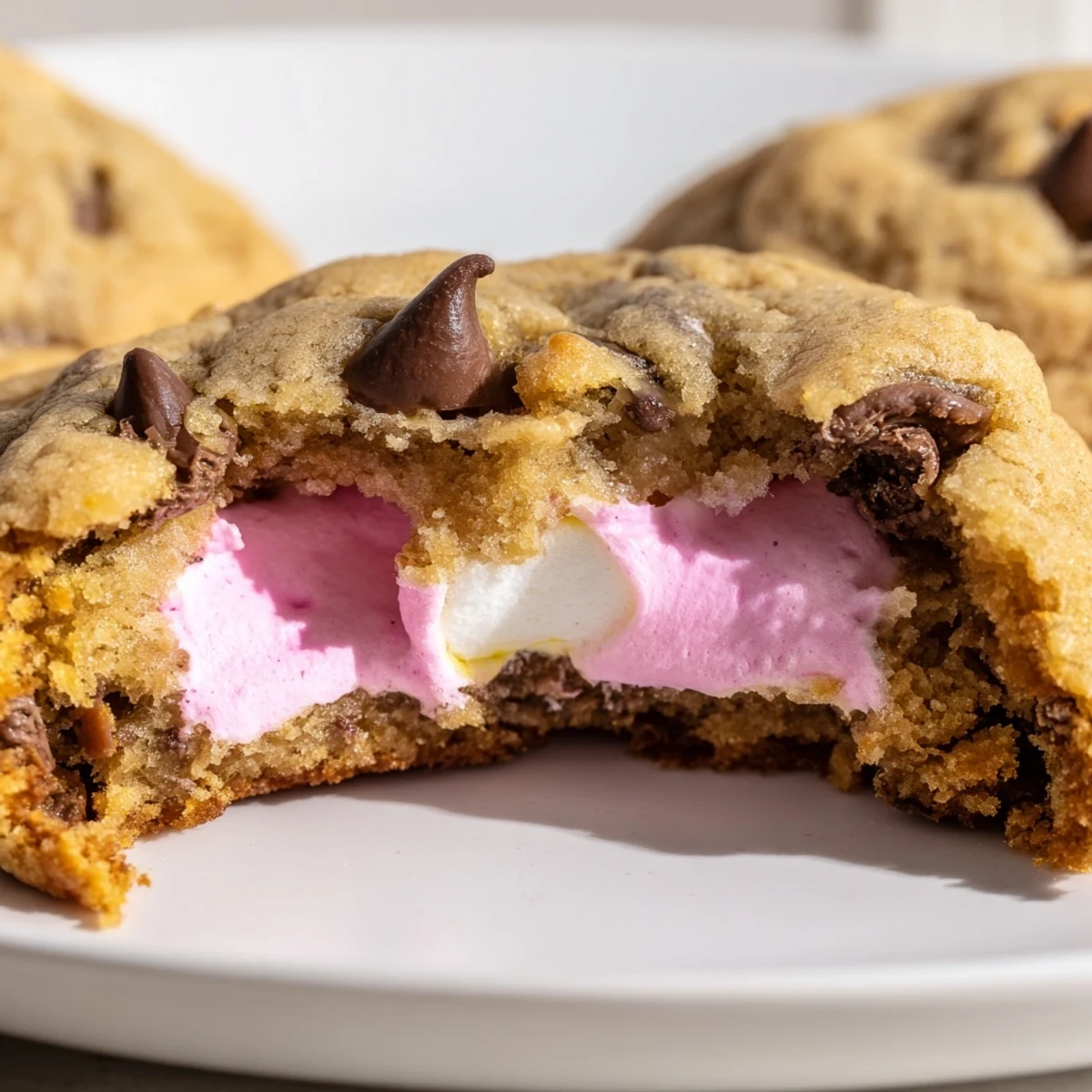 Golden Chocolate Chip Peep Stuffed Easter Cookies with melty marshmallow center on rustic baking sheet