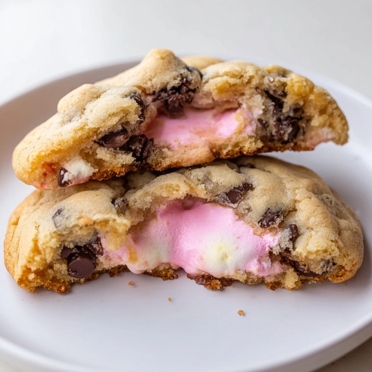 Colorful Peep hidden inside soft Chocolate Chip Peep Stuffed Easter Cookies cut to reveal
