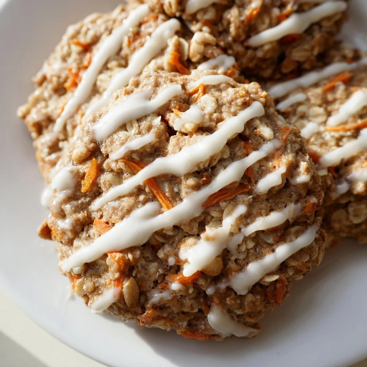 Soft carrot cake cookies with sweet cream cheese drizzle on rustic wooden board