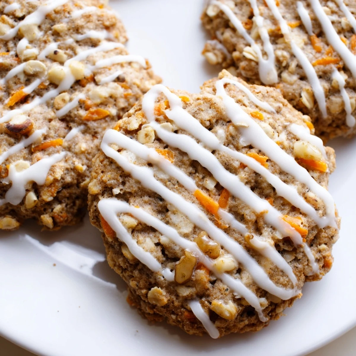 Chewy carrot cake cookies studded with walnuts and topped with white glaze