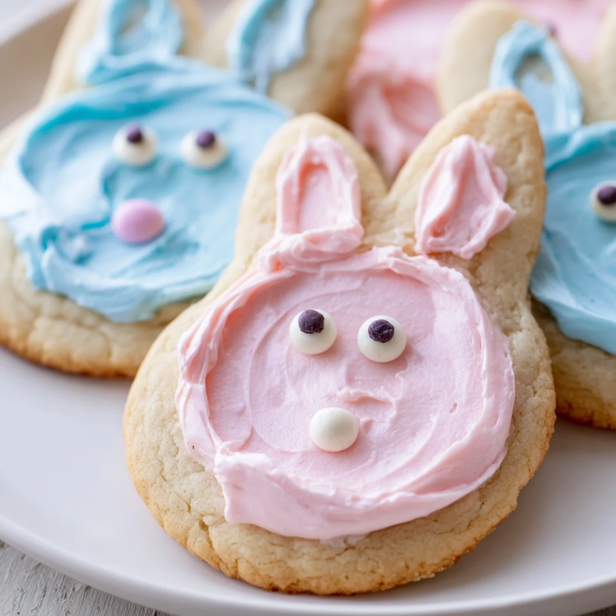 Adorable Buttercream Bunny Cookies with swirled pastel frosting on a rustic wooden serving board