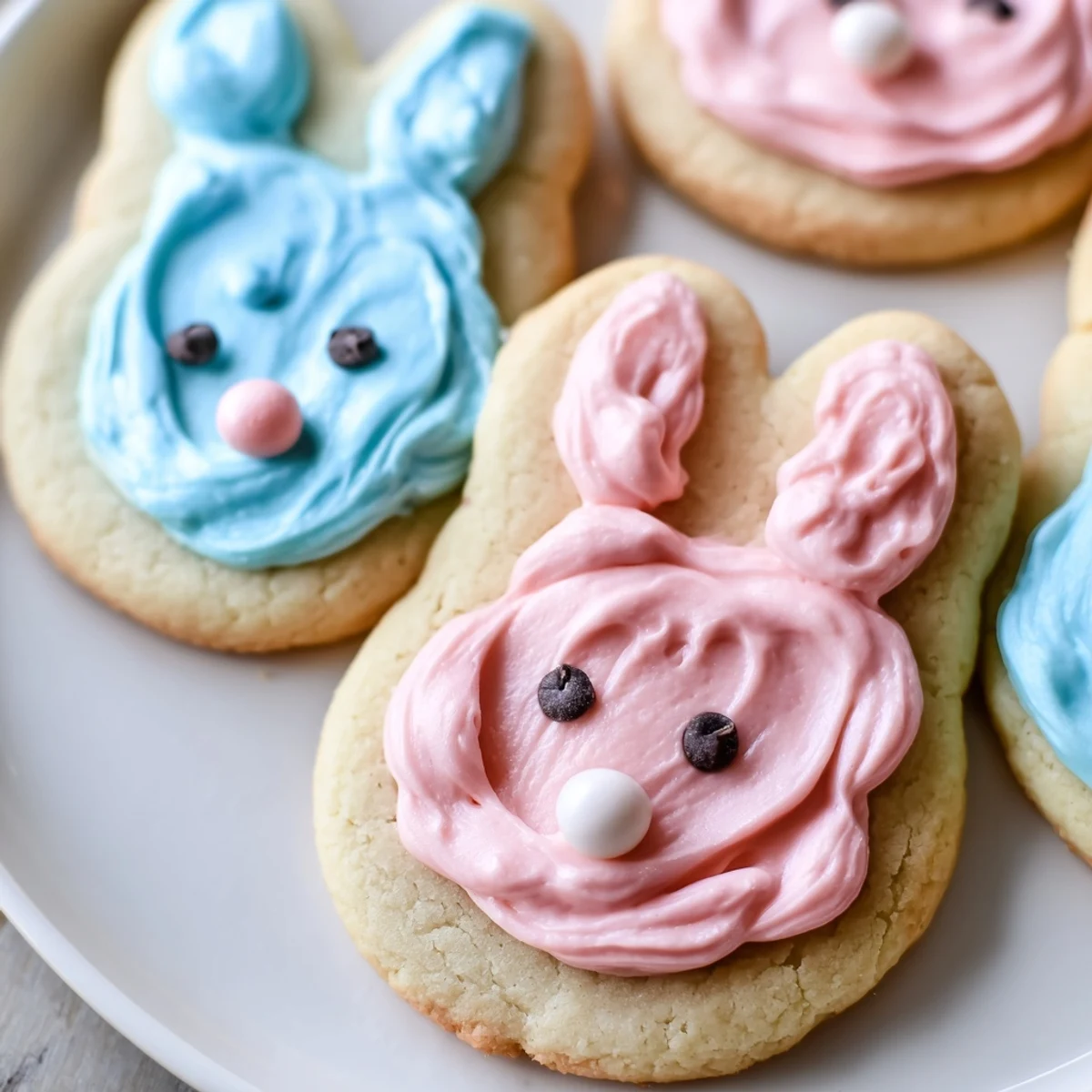 Soft bunny-shaped sugar cookies topped with fluffy pink buttercream frosting and candy eyes for Easter
