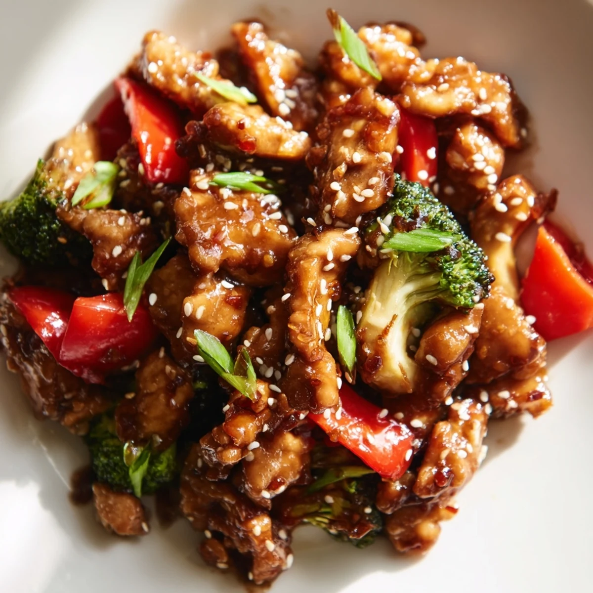 Sesame soy chicken stir fry with colorful vegetables in a glistening sauce on a white plate