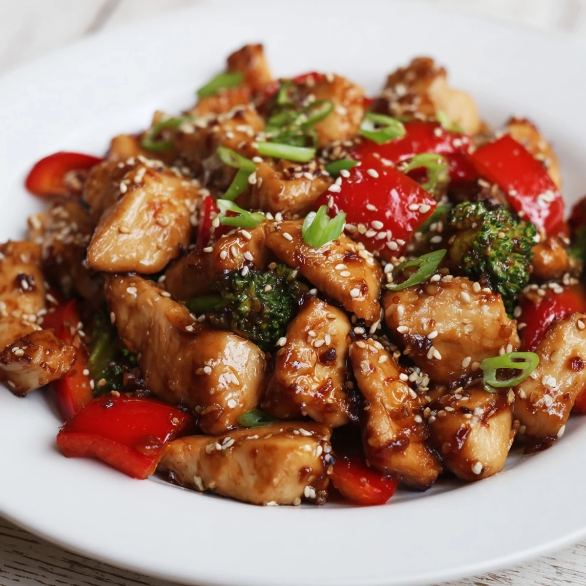 Tender sesame soy chicken stir fry tossed with crisp broccoli and red bell peppers