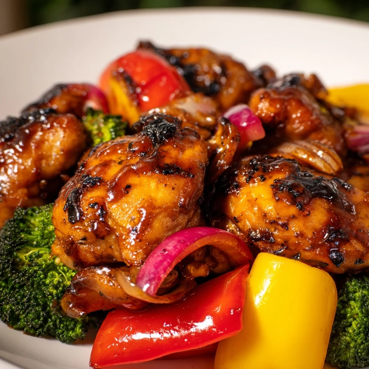 Colorful chicken stir fry with bell peppers and broccoli served over fluffy steamed white rice