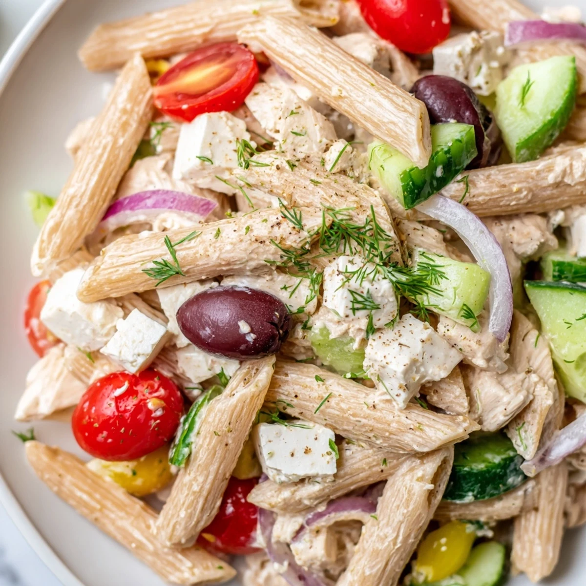 Colorful High Protein Greek Pasta Salad in a white bowl with cherry tomatoes, cucumber, and feta