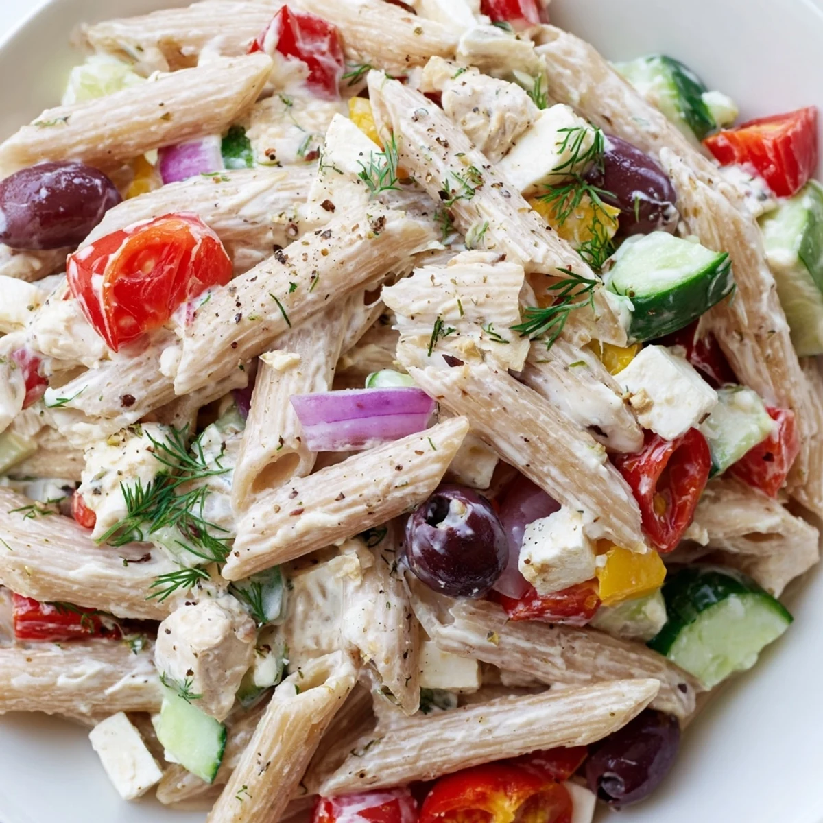 Creamy High Protein Greek Pasta Salad topped with olives and fresh herbs on rustic table