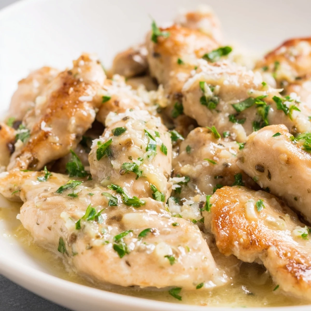 Creamy Garlic Chicken in golden skillet with rich white Parmesan sauce and fresh parsley garnish