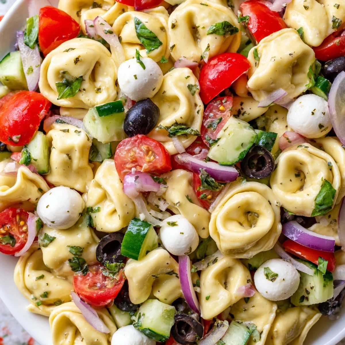 Colorful tortellini pasta salad in a white bowl with cherry tomatoes, cucumber, and Italian dressing