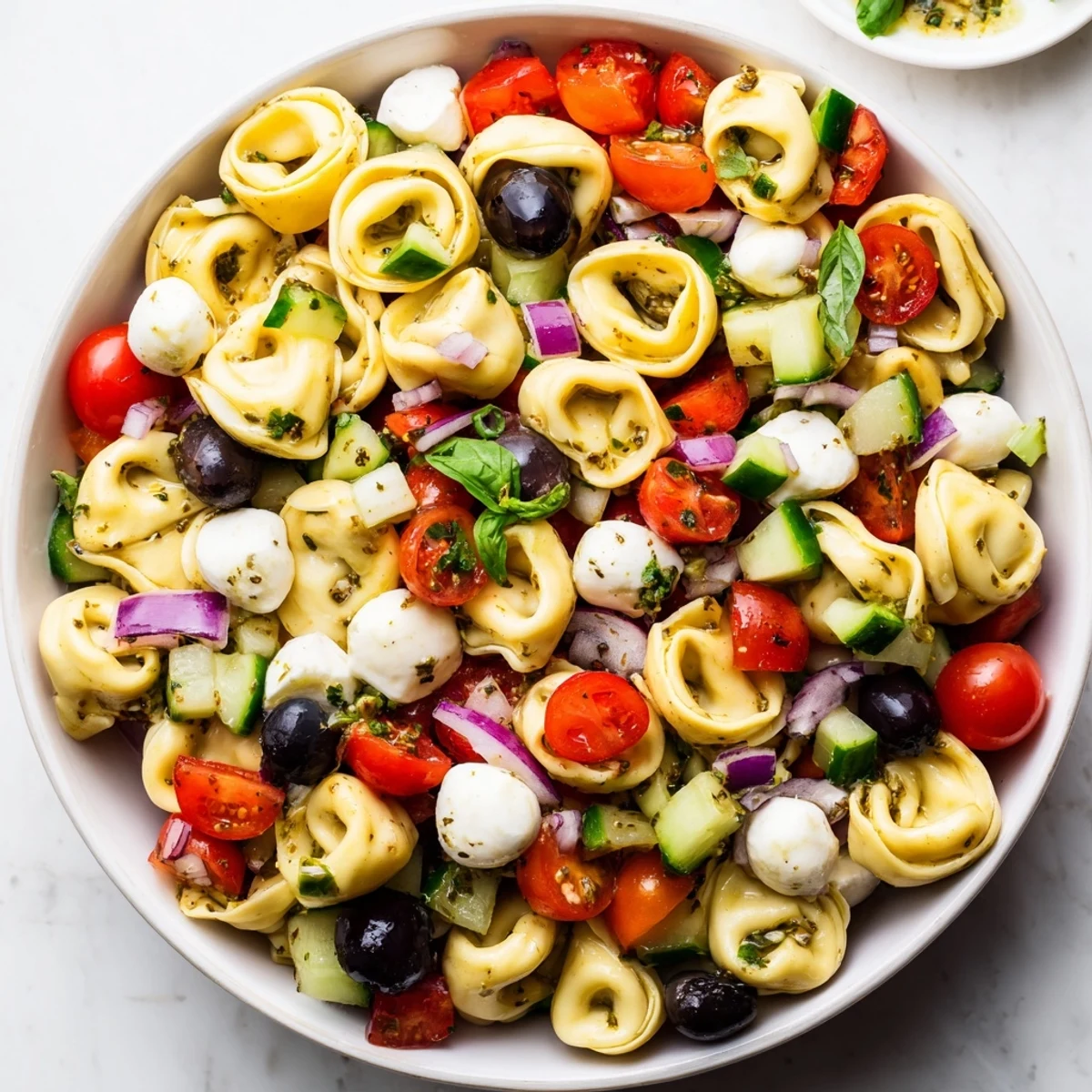 Cheese tortellini pasta salad tossed with crisp vegetables and mozzarella in a zesty vinaigrette